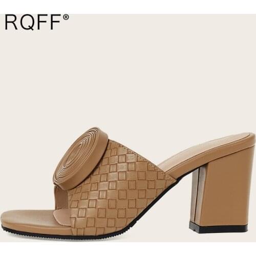 Outside Slippers Women 2021 Summer New Fashion Concise Flower Open Toe Thick High Heel Mules Black White Apricot Sandals Shoes