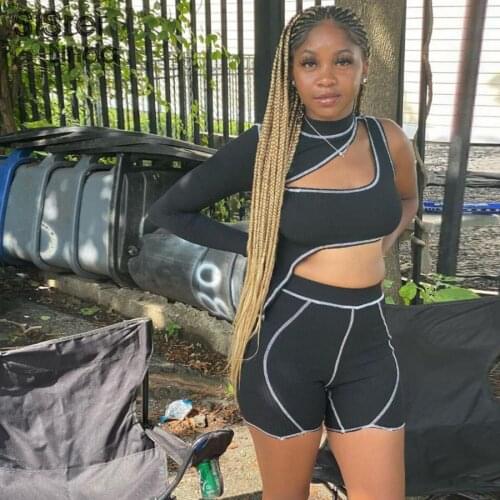 Sisterlinda Casual Sportswear Hollow Knit Women Tracksuits Turtleneck Strip Tops+Biker Shorts Two Piece Matching Suit Streetwear