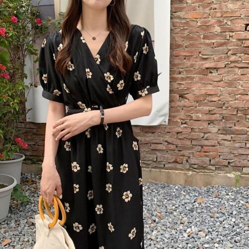 Alien Kitty Black V-Neck Florals All Match Slim Sexy Prom Femme Chic Gentle Printing Flowers Streetwear Long Dresses Vestidos
