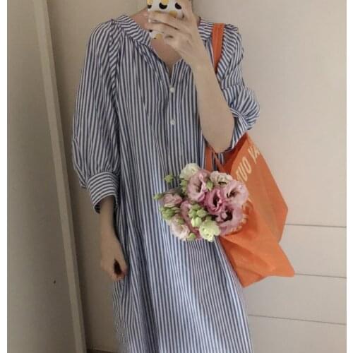 2020 Women Summer V Neck Casual Blue Striped Long Shirt Dress Loose Waistline Straight Midi Sundress Split Hem