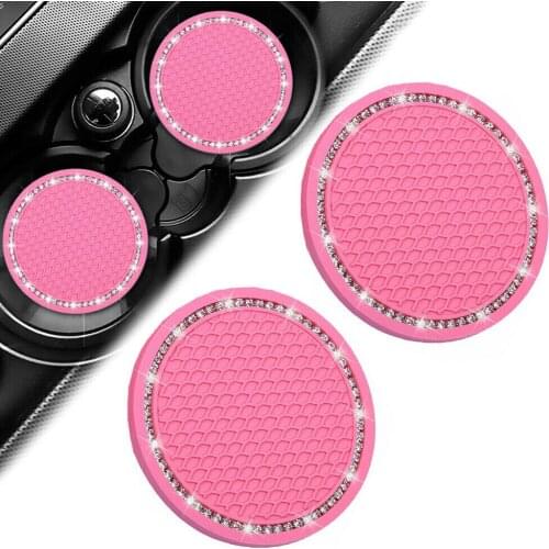 Pad Cup Holder Mat Pink Rhinestones Universal 2pcs Set Anti-slip Auto Car