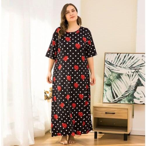 2021 Summer Plus Size Women Home Dress Long Pajamas For Women Large Loose Short Sleeve Black Dot Print Flower Dress Nightgrowns