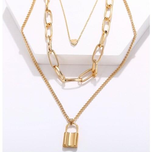 2021 Multi-layer Necklaces for Women Creative Heart Lock Pendant Three-layer Sweater Chains Necklace Wholesale Collares