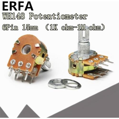 5pcs WH148 B1K B2K B5K B10K B20K B50K B100K B500K 6Pin 15mm Shaft Amplifier Dual Stereo Potentiometer 1K 2K 5K 10K 50K 100K 500K