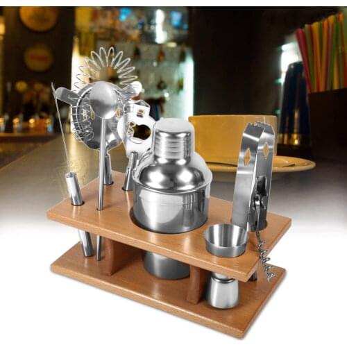 9pcs Cocktail Shaker Set Jigger Mixing Spoon Tong Barware Bartender Tools Bars Mixed Drinks W/Wood Storage Stand