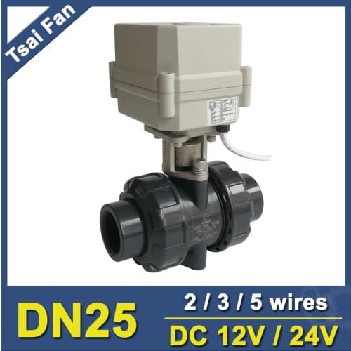 BSP/NPT 1'' PVC DN25 Water Electric Valve TF25-P2-C DC12V/24V 2/3/5 Wires 10NM On/Off 15 Sec Metal Gear For Water Control