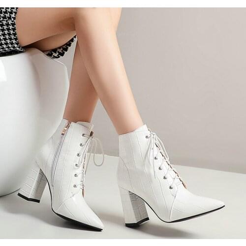 Black White Brown PU Leather Women Ankle Boots Fashion Pointed Toe Square High Heel Ladies Short Boots Side Zipper Womens Shoes