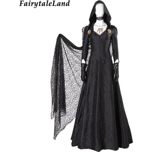 Village Daniela Cosplay Dimitrescu Black Costume Halloween Vampire Middle Ages Evening Party Dress Witch Outfit Lace Cape