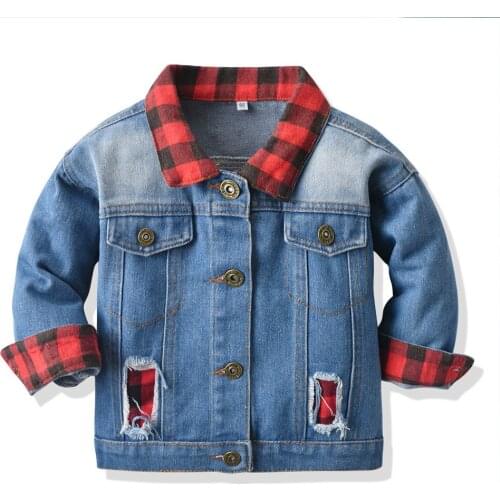 Childrens Wear New Autumn Children Splicing Coat Plaid Lapel Children Jeans Boys' Jacket Coat