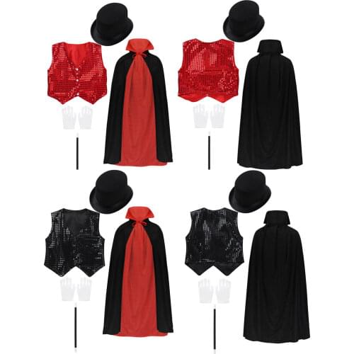 Kids Cosplay Costumes Cloak Outfit Waistcoat Cape Hat Magic Wand Gloves Set for Magician Role Play Choir Jazz Dance Stage