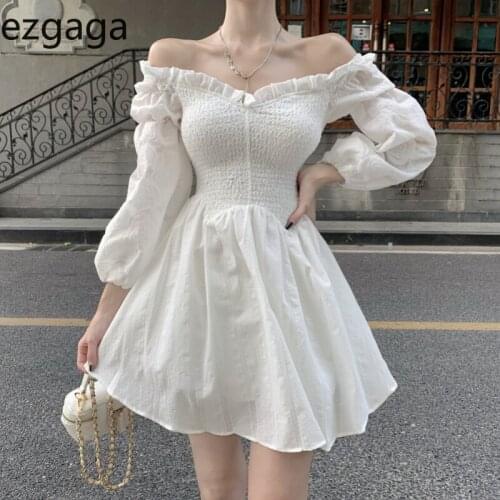 Ezgaga Fairy Slash Neck Elegant Mini Dress Puff Three Quarter Sleeve Vintage Sexy Dresses Off Shoulder Party Vestidos Feminino