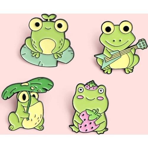 LAMEMDE Style Frog Enamels pins Lotus Leaf Guitar Strawberry Brooches Cartoon Animal Badges Bag Hat Backpack Accessories Jewelry