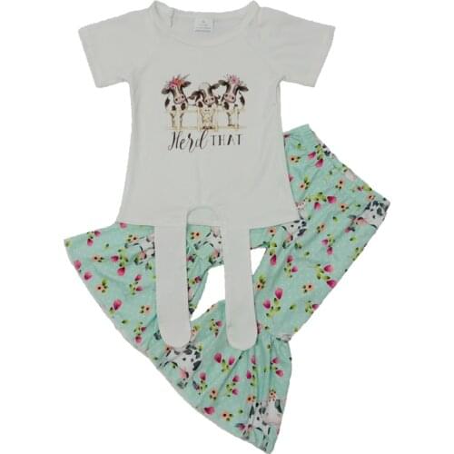 2020 Fashion Boutique kids Clothing Set Toddler Kids Girl Cow Design Short Sleeve and Bell Bottom Wide Leg Pants