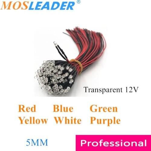 Mosleader 1000pcs 5MM 12V LED with wire 20CM Red Blue Green Yellow White Purple Transparent Prewired Emitting Diode Light