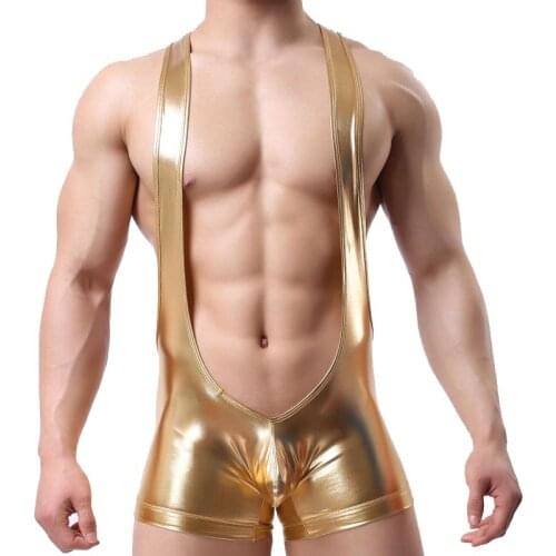 Male Men Sexy Fetish Mens Wet Look Singlet Boxer Briefs Wrestling Suit Body Ringer Mankini Bodysuit Leotard Lingerie Fetish Wear