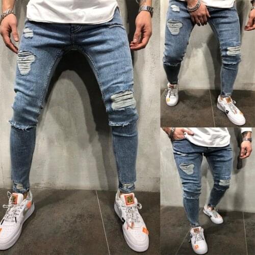 Men Sexy Ripped Skinny Jeans Slim Elasticity Trousers Blue Classic Locomotive Hole Denim Jeans Pencil Jeans Pants Men