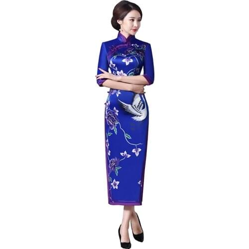 Plus Size 3XL Blue Chinese Traditional Long Dress Womens Silk Satin Qipao Gentlest Double deck Long Evening Cheongsam YZT120821
