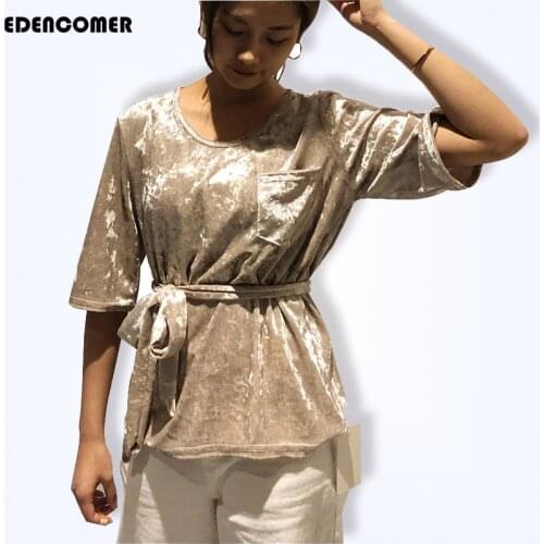 EDENCOMER Spring 2019 New Korean Velvet Short Sleeve Blouses Pure Coloured Summer Sexy Tops Womens Clothing Shirts Blusas