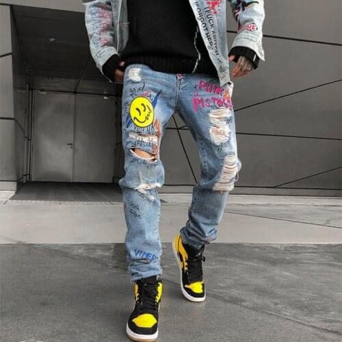 Street Boys Personality Ripped Jeans Male Hip Hop Smiley Graffiti Print Skinny Denim Pants Mens Slim Stretch Cowboys Trousers