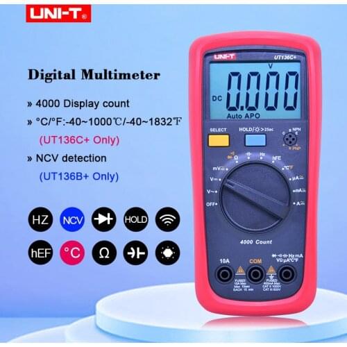 UNI-T UT136B+ UT136C+ Digital Multimeter 1000V 10A multimetro AC DC with Hz/Diode/Capacitance/Frequency/hFE/NCV/Temperature