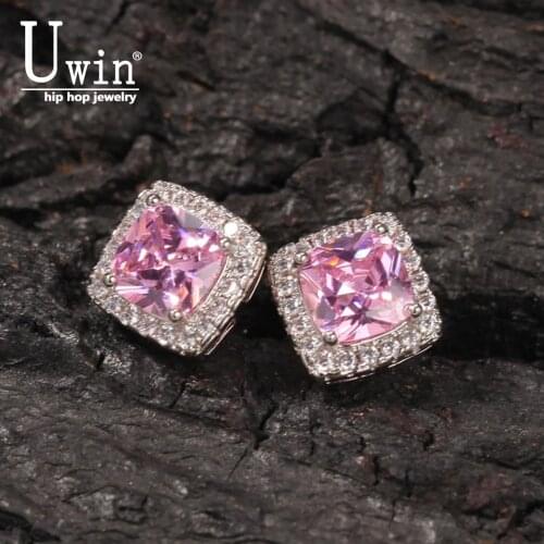 Uwin Square Zirconia Pink Earrings Women Bling Micro Paved Cubic Zircon Fashion Jewelry Gift