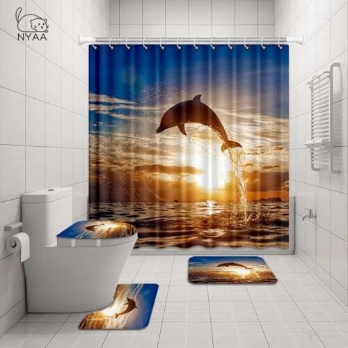 3D Ocean Design Dolphin Waterproof Fabric Bathroom Curtain Shower Curtains Set Anti-skid Rugs Toilet Lid Cover Bath Mat