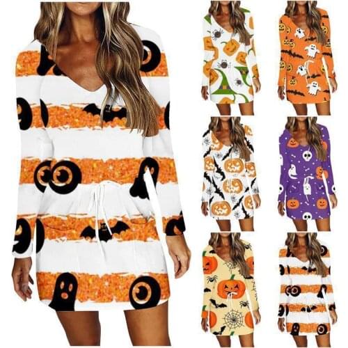 European and American Womens Clothing 2021 Autumn New Halloween V-neck Printed Sweet and Spicy Dress Mid-Length Skirt
