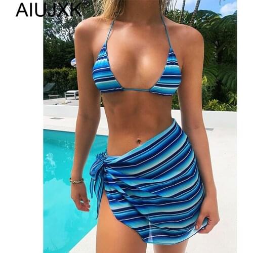 AIUJXK Striped 3 Piece Bikini Set Women 2021 Micro Triangle Bikinis Two-piece Swimsuit And Cover-up Sexy Thong String Swimwear