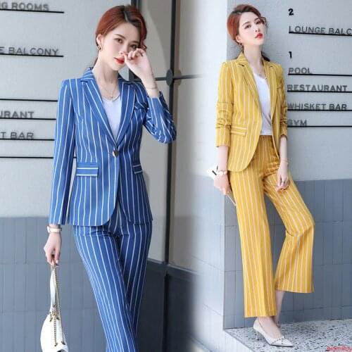 Formal Elegant Women Pants Suits Long Sleeve Jacket Blazer and Trousers Office Ladies Work Wear Pantsuit 2 Pieces Set Striped