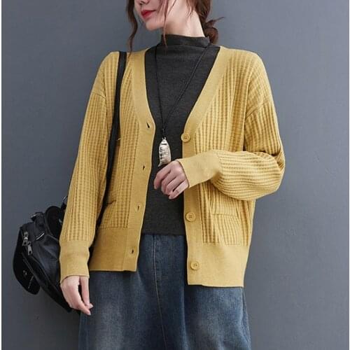 Women Casual Knitted Cardigan Jackets New Arrival 2021 Autumn Simple Style V-neck All-match Female Long Sleeve Sweaters B1075
