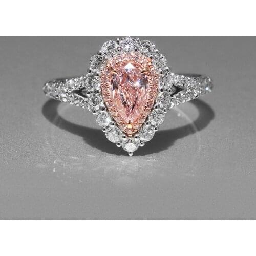 18k White Gold Plated Pink Quartz Diamond Ring For Women 925 Sterling Silver Color AAA Zircon Ring Water drop Wedding Jewelry