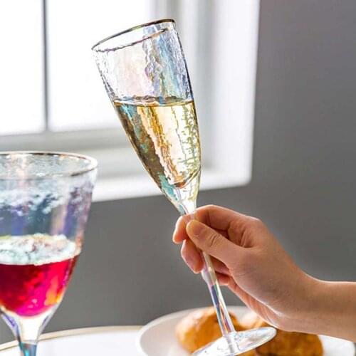 2Pcs Rainbow Plating Wine Glesses Japanese Hammer Lead-free Champagne Glass Gold Rim Goblet Wedding Party Bar Drinkware Gifts