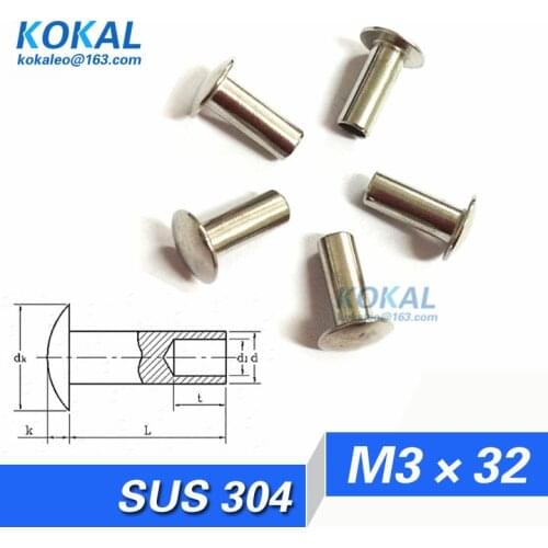 [304-M3*32]Free Shipping 100PCS flat round head semi-tubular rivets M3*32mm M3 series stainless steel RIVET