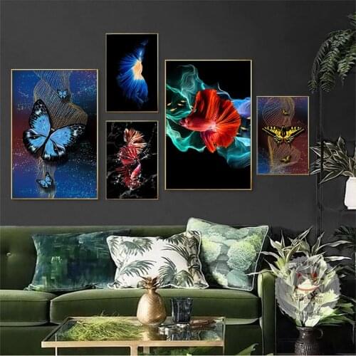 BANANART Wall Art Painting Modern Nordic Goldfish Picture Color Butterfly Poster Print Combination Home Decoration Painting