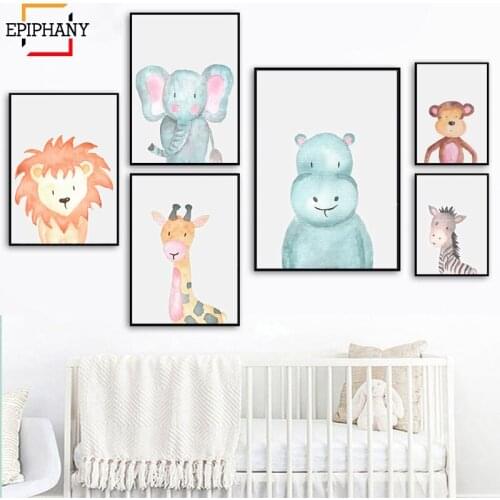 Hippo Nursery Print Elephant Giraffe Lion Watercolor Animal Canvas Painting Nordic Animals Posters Wall Art Kids Room Decor