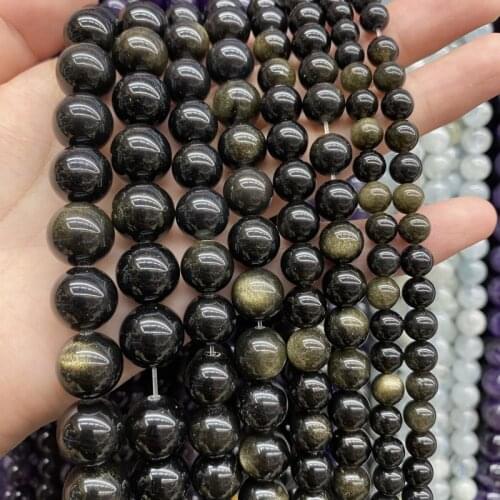 Natural Gold Obsidian Stone Beads Round Loose Bead Diy Charm Bracelet Accessories For Jewelry Making 4 6 8 10 12mm 15" Wholesale