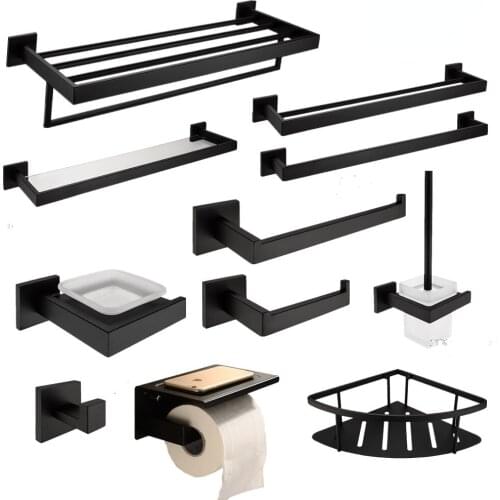 Black Modern 304 Stainless Steel Bathroom Hardware Set Black Oiled Bronze Square Base Wall Mount Bathroom Accessories