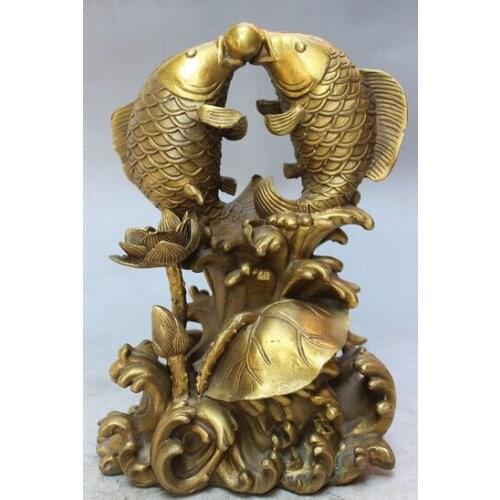 Hui88K714++8" Lucky Chinese Pure Brass 2 Fish Play Ball On Auspicious Lotus Leaf Statue