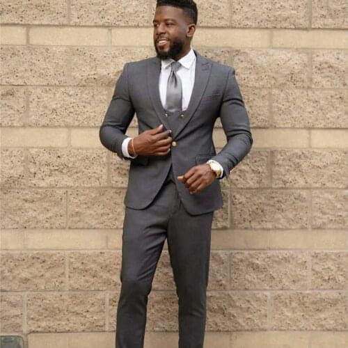 Custom Made Dark Gray Winter Mens Pants Suits Groom Best Man Coat Suit Business Wedding Blazer (Jacket+Vest+Pants)