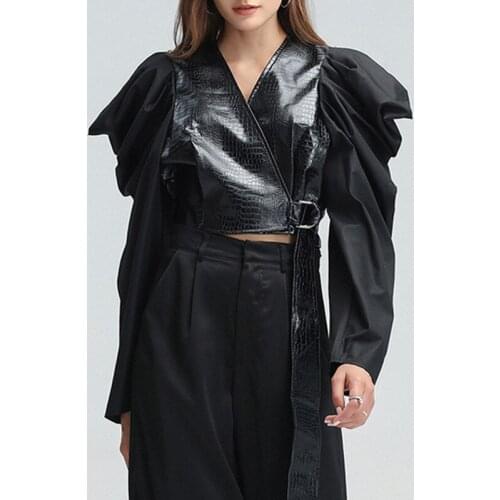 Cool Girl Leather Stitching Chiffon Blouses Streetwear Lantern Sleeve Lace Short Shirt Vintage Cardigan V Neck Top Woman Clothes
