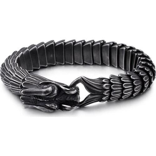 15mm Animal Dragon Head Charm Bracelet Men Stainless Steel Black Matte Dragon Blessing Bracelet Bangle Jewelry