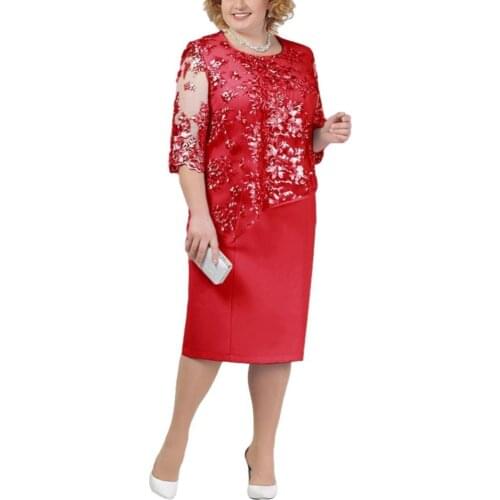 New Elegant Women Dress Plus Size Party Sheer Half Sleeve Floral Lace Layered Mother of Bride Midi Dress Vestidos robe femme2021