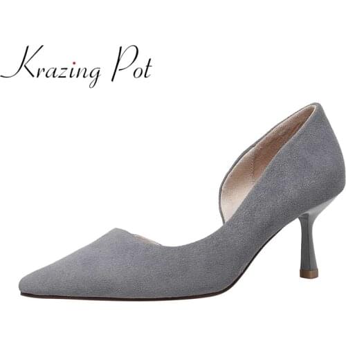 Krazing pot 2021 summer new sheep suede pointed toe high heels European style mature young lady daily wear basic women pumps L03