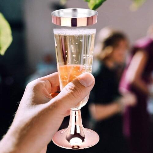 6pcs/set Disposable Champagne Cup Rose Gold Rimmed Clear Hard Drinking Utensils For Party Wedding Champagne Disposable Cup