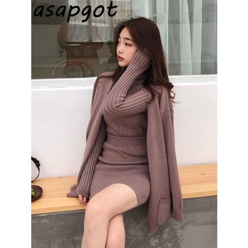 Casual Turtleneck Pullovers Sweater Loose Long Sleeve V Neck Cardigan Jacket High Waist Wrap Hip Knit Skirt Retro 3 Piece Set