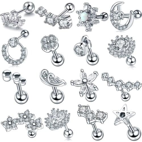 1PC/Lot Stainless Steel Helix Piercing Crystal Flower Moon Design Ear Tragus Cartilage Piercing Lobe Earrings Barbell Jewelry