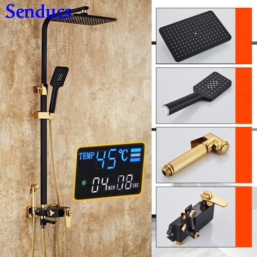 Senducs Digital Shower Set Newly Design Brass Bathroom Shower Faucet Thermostatic Shower System Black Gold Digital Shower Sets