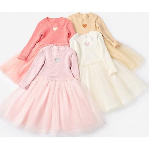 Spring Girls Dress 2020 New Long Sleeve Kids Girls Clohes Cute Lover Knitted Mesh Dress RT850