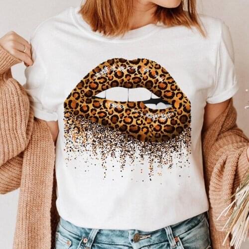 Women Leopard Lip Fashion Casual Graphic Top Print Clothing 90s T Shirt Female Tee Ladies Short Sleeve Cartoon T-shirt