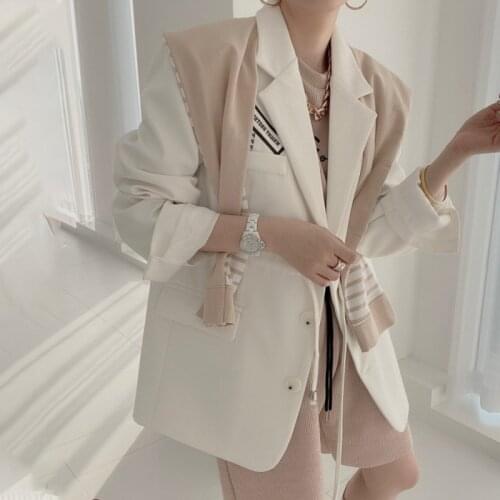 2021 Women Autumn Winter White Blazer Jacket Coat Office Lady Drawstring Waistbelt Slim Overcoat Outwear Letter Patchwork